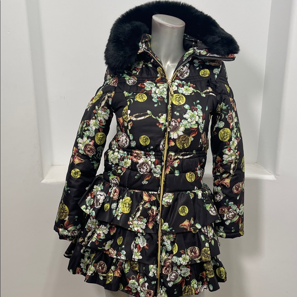 Le Chic Girl’s Floral Print Ruffled Puffer Coat with Faux Fur Collar Size 152